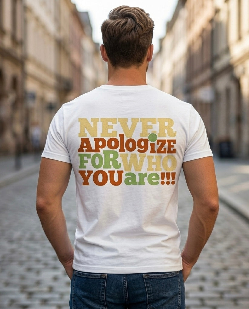 "Never Apologize For Who You Are" Distressed Typography Tshirt