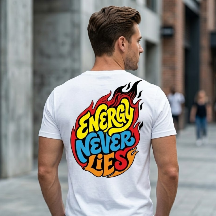 "Energy Never Lies" Flame Graphic Tee – Crisp White