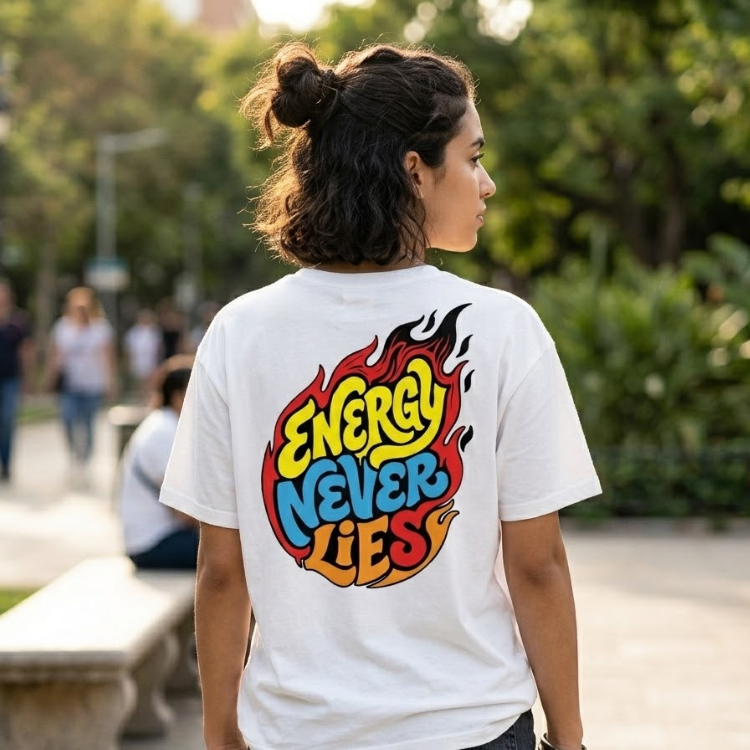 "Energy Never Lies" Flame Graphic Tee – Crisp White