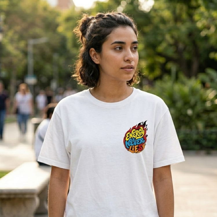 "Energy Never Lies" Flame Graphic Tee – Crisp White